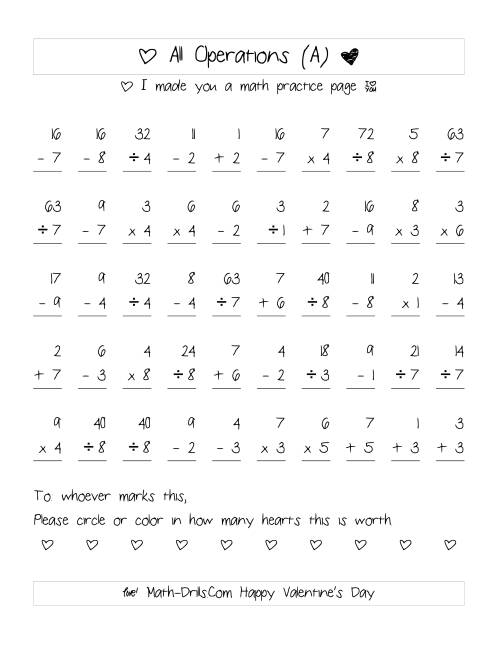 The Mixed Operations with Heart Scoring (Range 1 to 9) (A) Math Worksheet