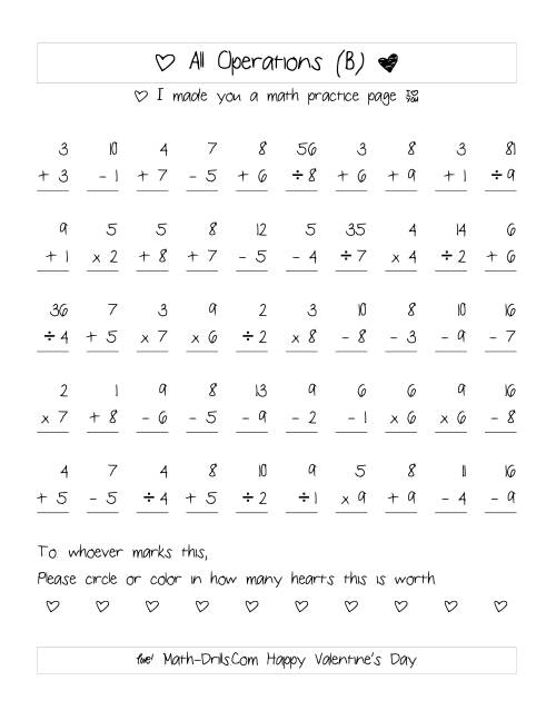 The Mixed Operations with Heart Scoring (Range 1 to 9) (B) Math Worksheet