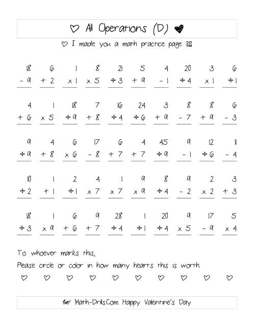 The Mixed Operations with Heart Scoring (Range 1 to 9) (D) Math Worksheet