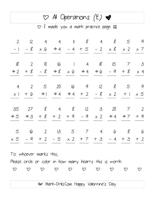 The Mixed Operations with Heart Scoring (Range 1 to 9) (E) Math Worksheet
