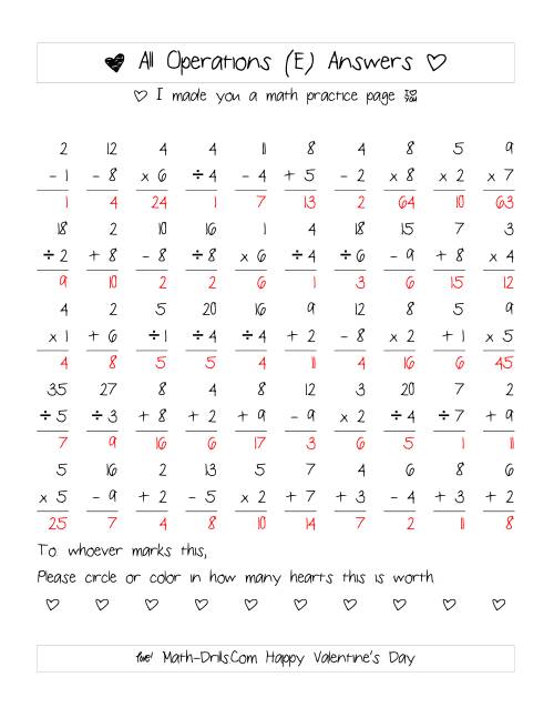 The Mixed Operations with Heart Scoring (Range 1 to 9) (E) Math Worksheet Page 2