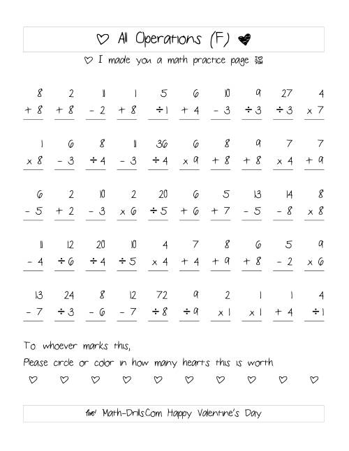 The Mixed Operations with Heart Scoring (Range 1 to 9) (F) Math Worksheet