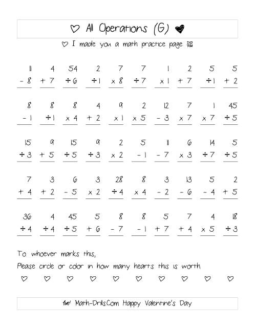 The Mixed Operations with Heart Scoring (Range 1 to 9) (G) Math Worksheet