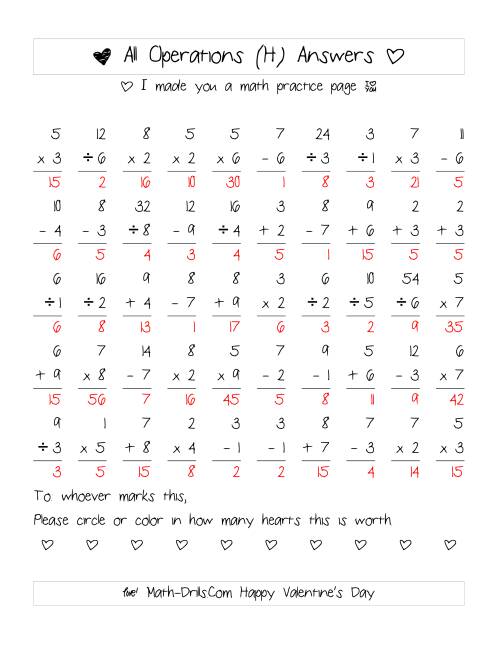 The Mixed Operations with Heart Scoring (Range 1 to 9) (H) Math Worksheet Page 2