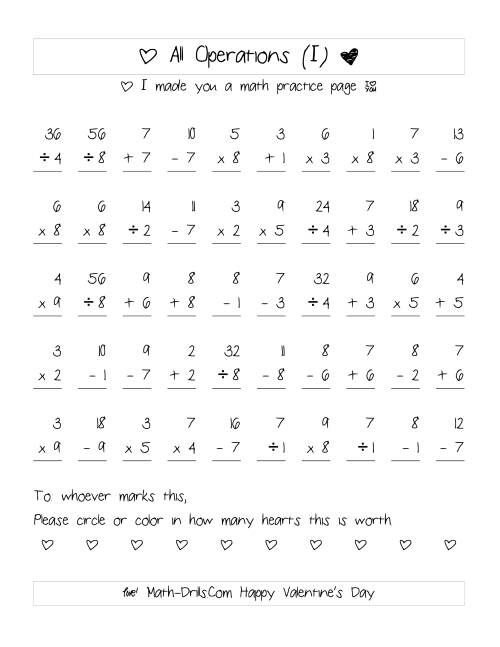 The Mixed Operations with Heart Scoring (Range 1 to 9) (I) Math Worksheet