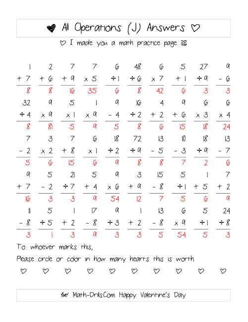The Mixed Operations with Heart Scoring (Range 1 to 9) (J) Math Worksheet Page 2