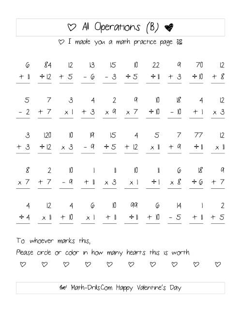 The Mixed Operations with Heart Scoring (Range 1 to 12) (B) Math Worksheet