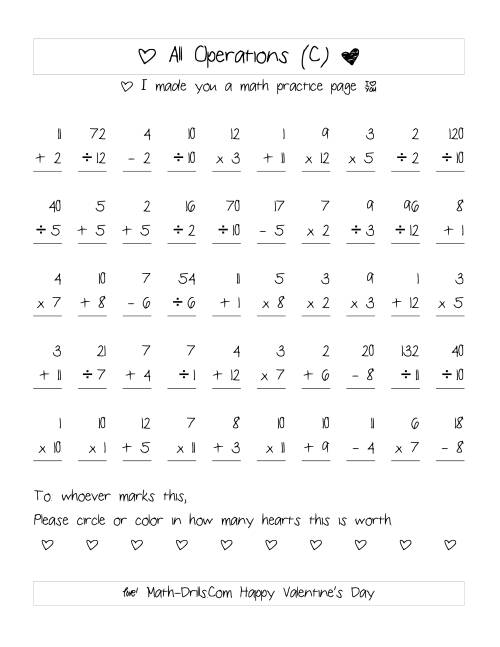 The Mixed Operations with Heart Scoring (Range 1 to 12) (C) Math Worksheet