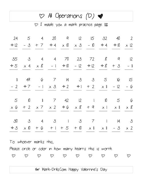 The Mixed Operations with Heart Scoring (Range 1 to 12) (D) Math Worksheet