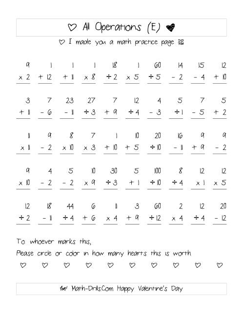 The Mixed Operations with Heart Scoring (Range 1 to 12) (E) Math Worksheet