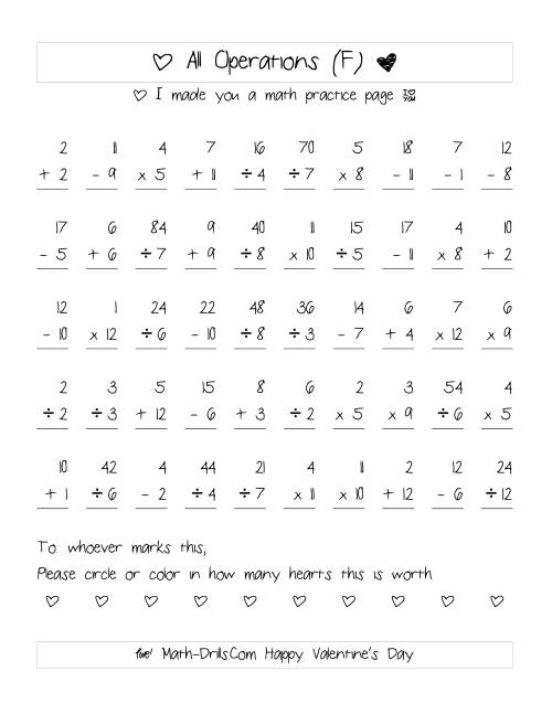 The Mixed Operations with Heart Scoring (Range 1 to 12) (F) Math Worksheet
