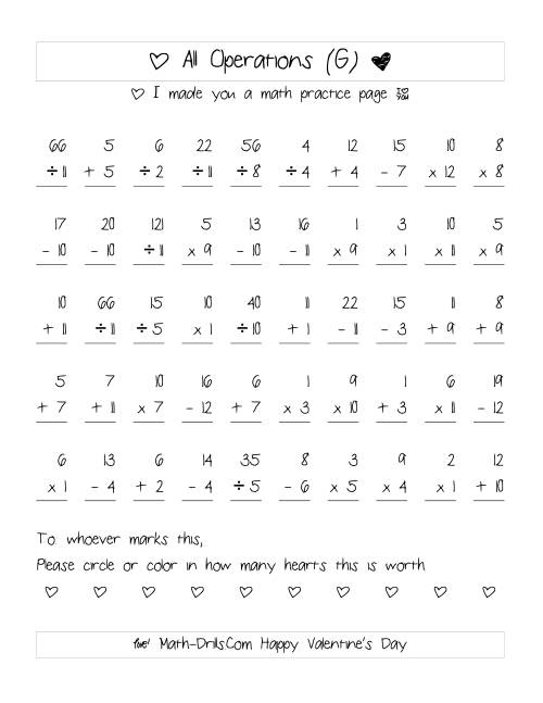 The Mixed Operations with Heart Scoring (Range 1 to 12) (G) Math Worksheet