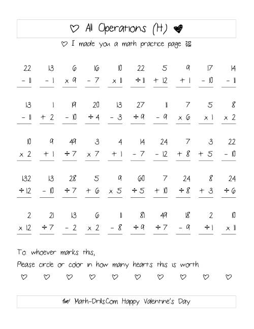 The Mixed Operations with Heart Scoring (Range 1 to 12) (H) Math Worksheet