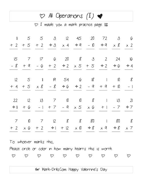 The Mixed Operations with Heart Scoring (Range 1 to 12) (I) Math Worksheet