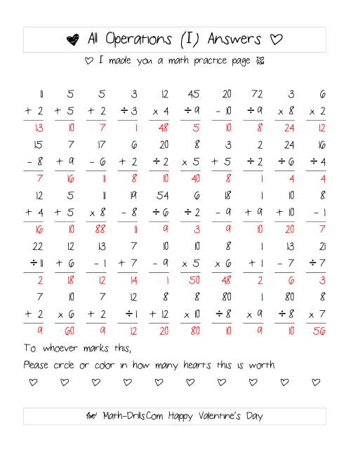 The Mixed Operations with Heart Scoring (Range 1 to 12) (I) Math Worksheet Page 2