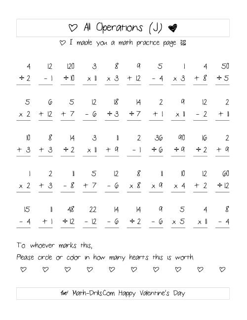 The Mixed Operations with Heart Scoring (Range 1 to 12) (J) Math Worksheet