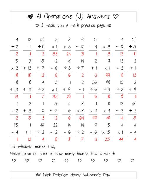The Mixed Operations with Heart Scoring (Range 1 to 12) (J) Math Worksheet Page 2