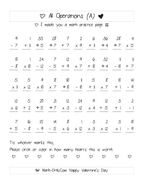 The Mixed Operations with Heart Scoring (Range 1 to 12) (All) Math Worksheet