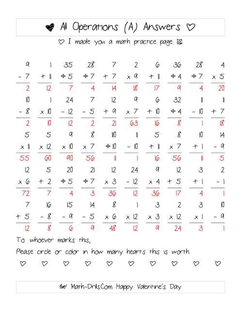 The Mixed Operations with Heart Scoring (Range 1 to 12) (All) Math Worksheet Page 2