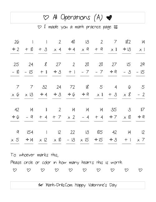 The Mixed Operations with Heart Scoring (Range 1 to 15) (A) Math Worksheet