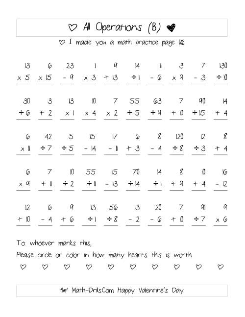 The Mixed Operations with Heart Scoring (Range 1 to 15) (B) Math Worksheet