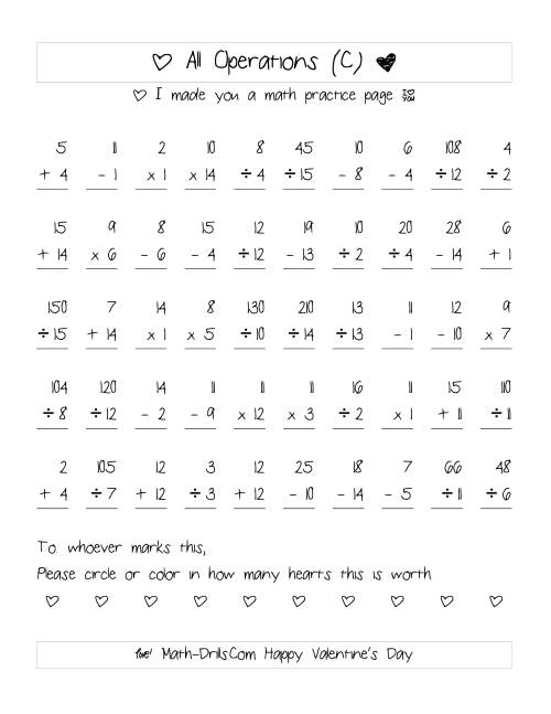 The Mixed Operations with Heart Scoring (Range 1 to 15) (C) Math Worksheet