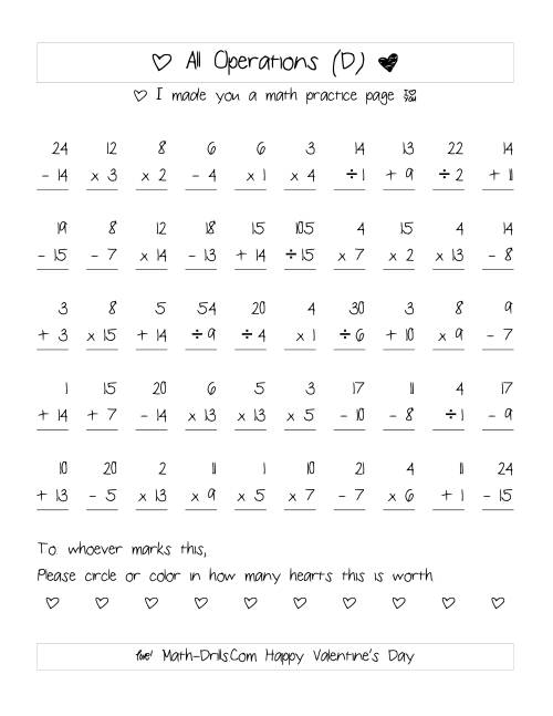 The Mixed Operations with Heart Scoring (Range 1 to 15) (D) Math Worksheet
