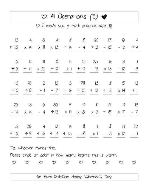 The Mixed Operations with Heart Scoring (Range 1 to 15) (E) Math Worksheet