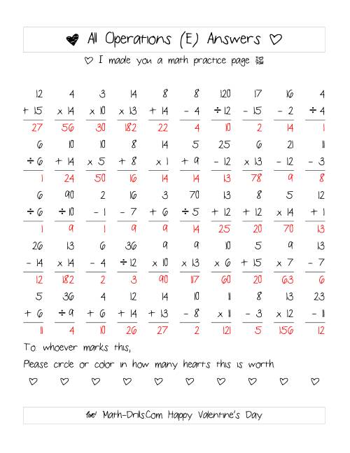 The Mixed Operations with Heart Scoring (Range 1 to 15) (E) Math Worksheet Page 2