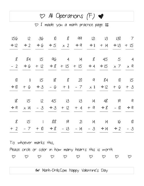 The Mixed Operations with Heart Scoring (Range 1 to 15) (F) Math Worksheet