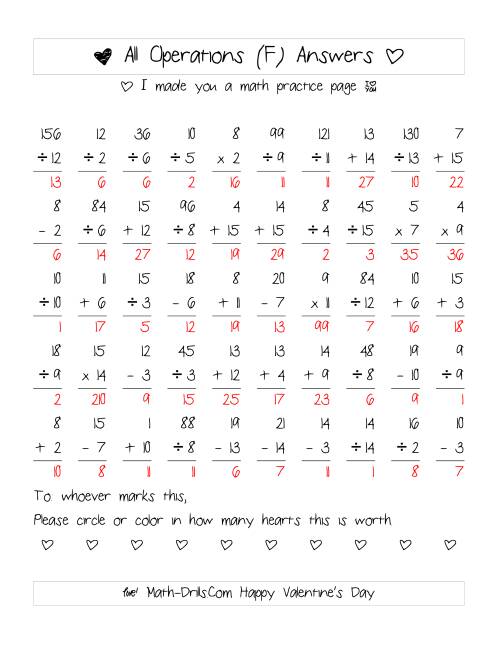 The Mixed Operations with Heart Scoring (Range 1 to 15) (F) Math Worksheet Page 2