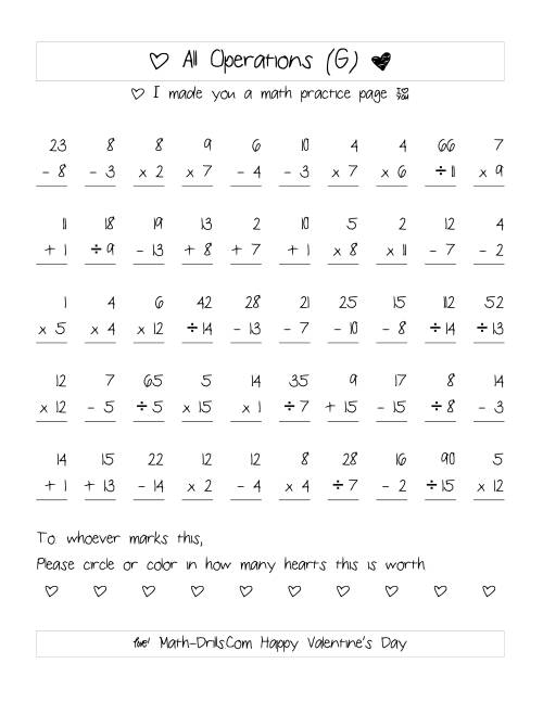 The Mixed Operations with Heart Scoring (Range 1 to 15) (G) Math Worksheet