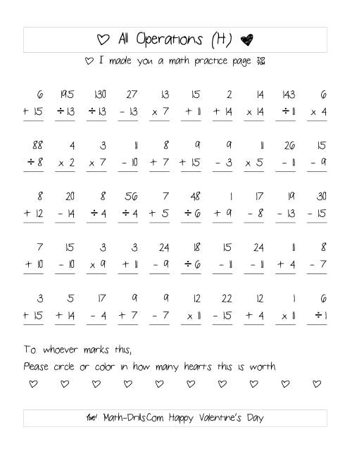 The Mixed Operations with Heart Scoring (Range 1 to 15) (H) Math Worksheet