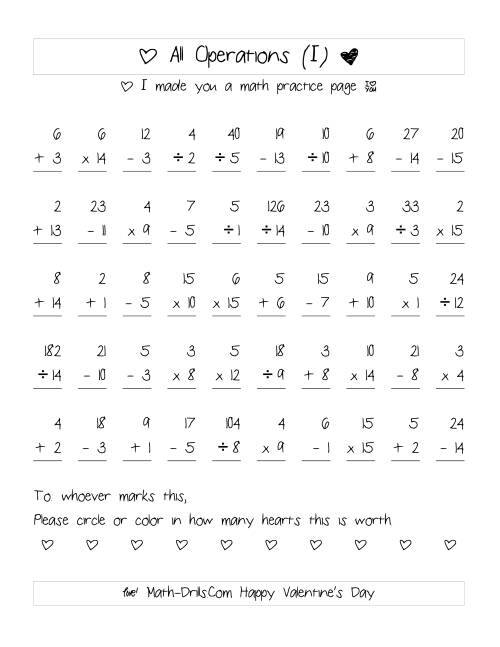 The Mixed Operations with Heart Scoring (Range 1 to 15) (I) Math Worksheet
