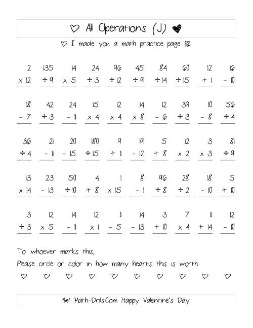 The Mixed Operations with Heart Scoring (Range 1 to 15) (J) Math Worksheet