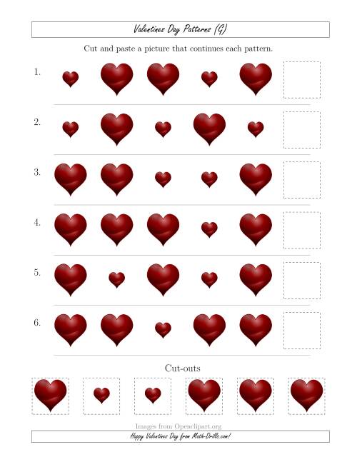 The Valentines Day Picture Patterns with Size Attribute Only (G) Math Worksheet